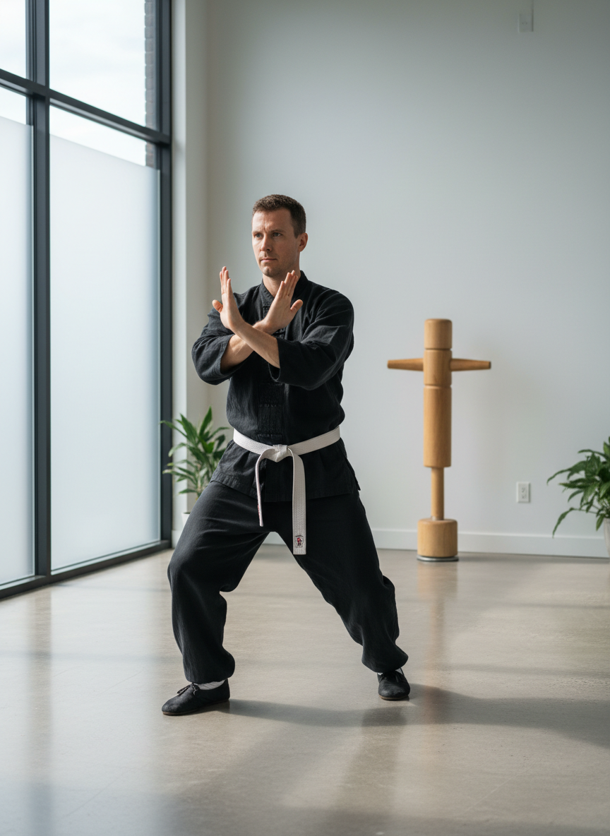 firefly gemini flash a caucasian male person practicing ving tsun kung fu in a focused stance, clean moder 155365