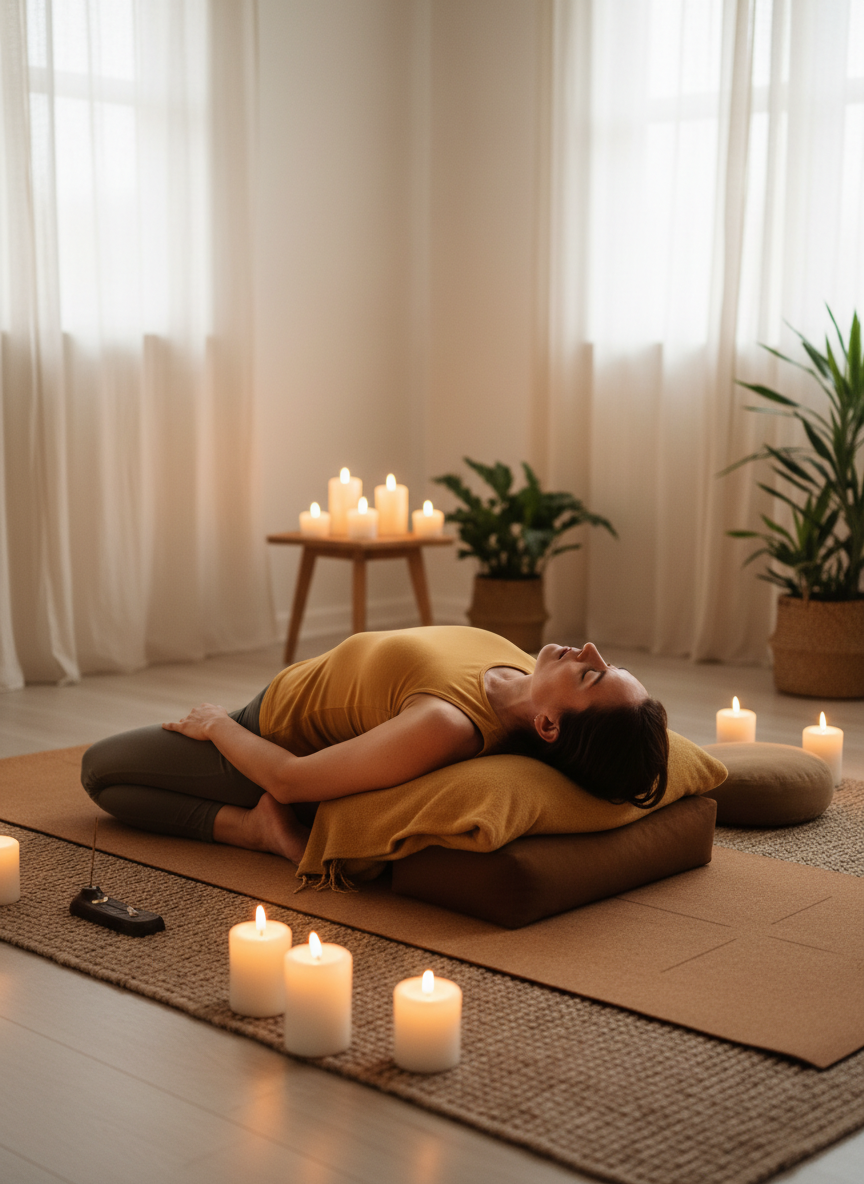 firefly gemini flash a person in a gentle yin yoga pose on a mat, soft candlelight, calm and meditative at 155365