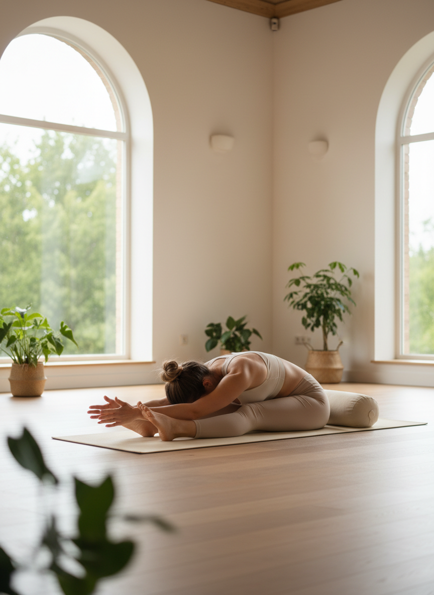 firefly gemini flash a person practicing hatha yoga in a calm, bright studio, soft natural light, minimali 78441